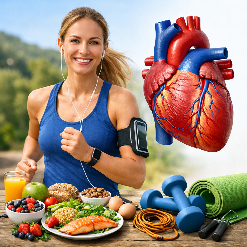 Smiling woman in workout gear with healthy food, exercise equipment, and heart illustration