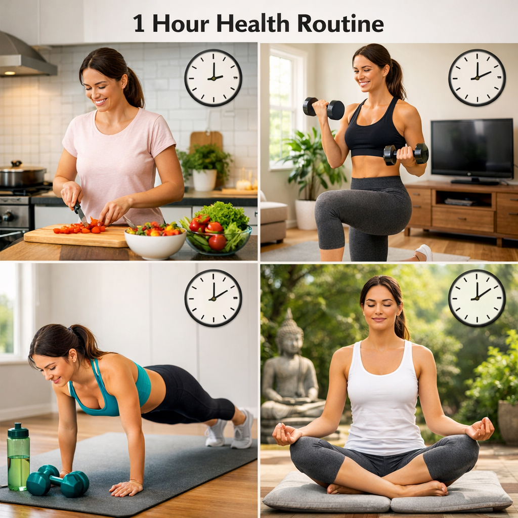 Woman preparing salad, lifting dumbbells, doing push-ups, and meditating in a one-hour health routine