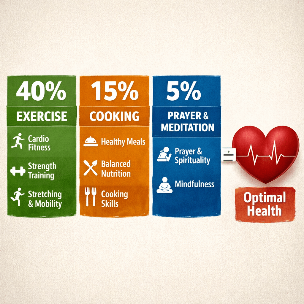 Health formula showing 40% lifestyle, 15% genetics, 5% healthcare equals optimal health